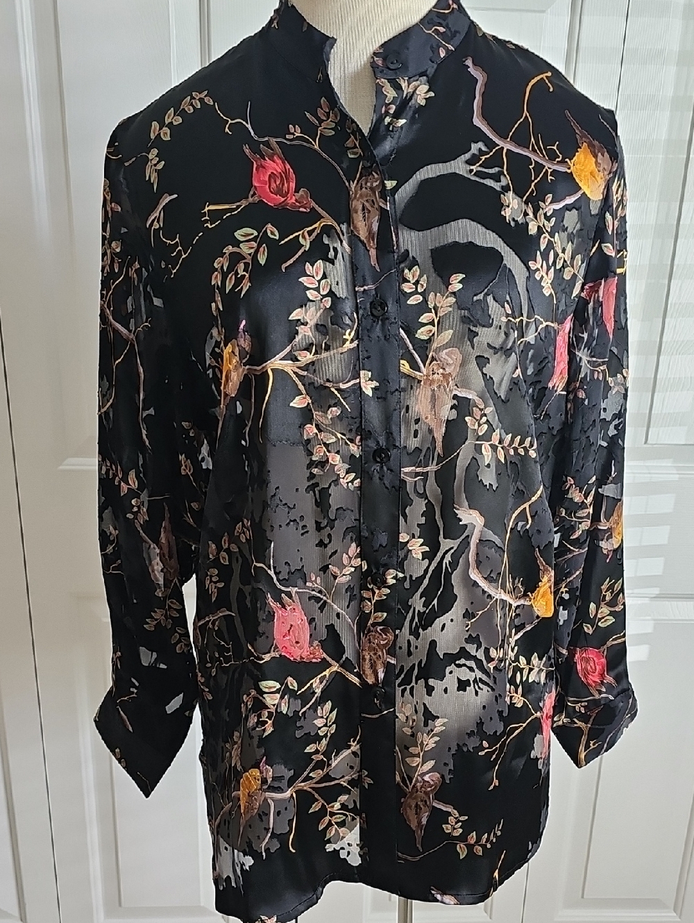 Aliri Yamani Creations Sheer Blk  Button Blouse Bird Pattern Burnout Silk Sz Med